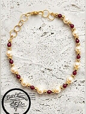 Genuine Red Ruby And Freshwater Baroque Pearls In Gold Plated Classic Necklace